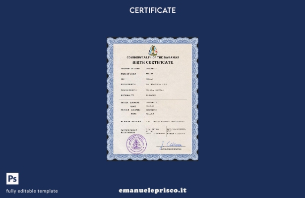 modello PSD del certificato di nascita dello stato civile delle Bahamas in stile